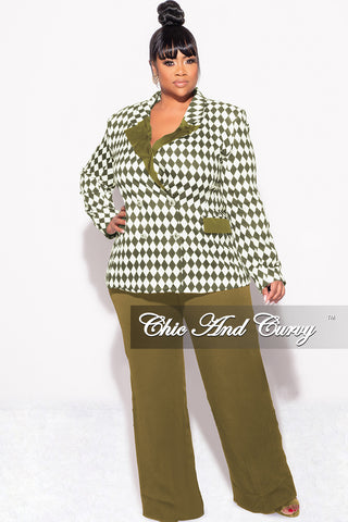 Final Sale Plus Size 2pc Pants Suit in Olive and White Diamond Print