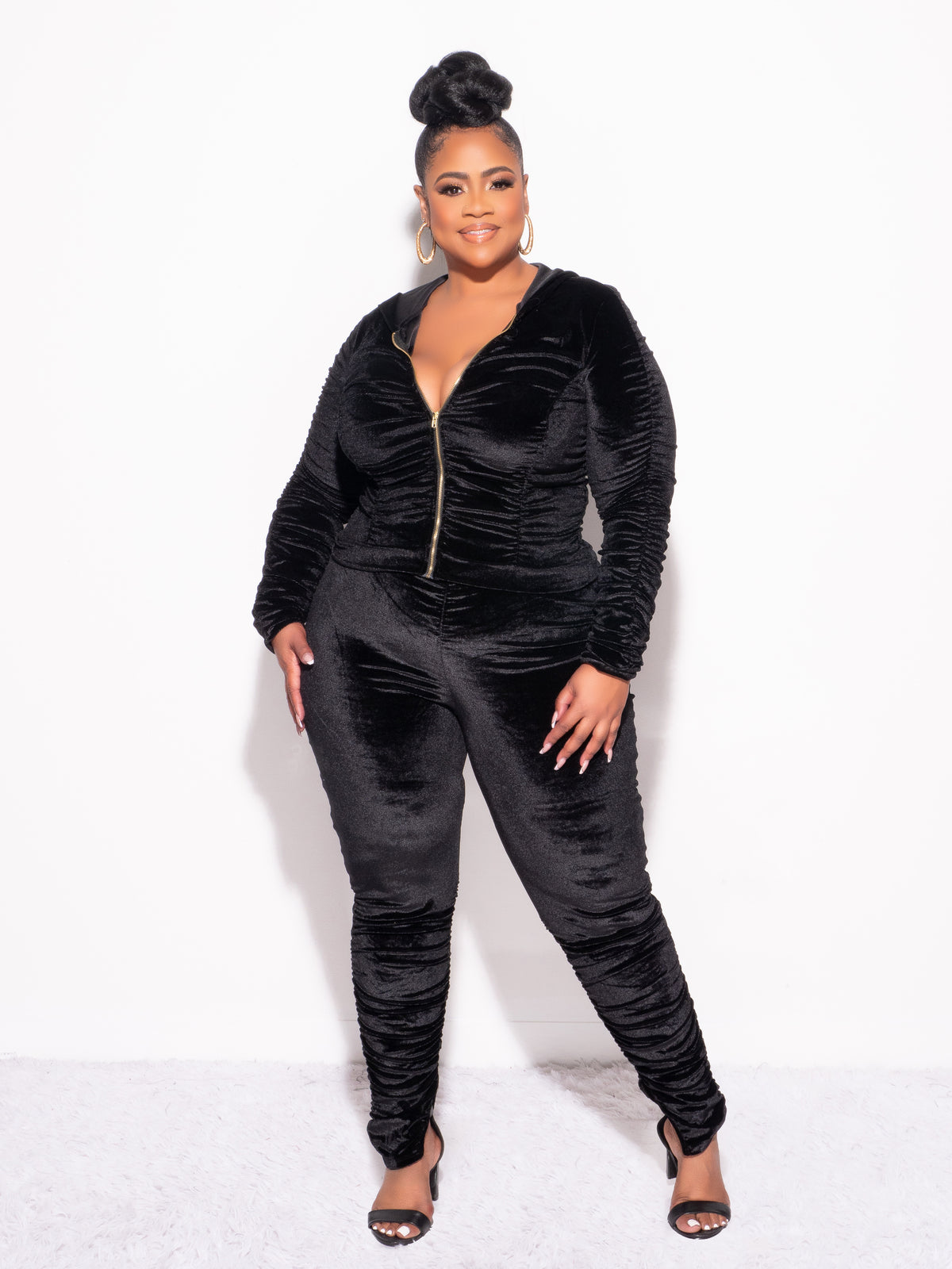 Final Sale Plus Size 2pc Ruched Hooded Zip-Up Top and Pants Set in Black Velvet