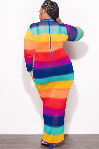 Final Sale Plus Size Sheer Mesh Bodycon Dress in Rainbow Stripes