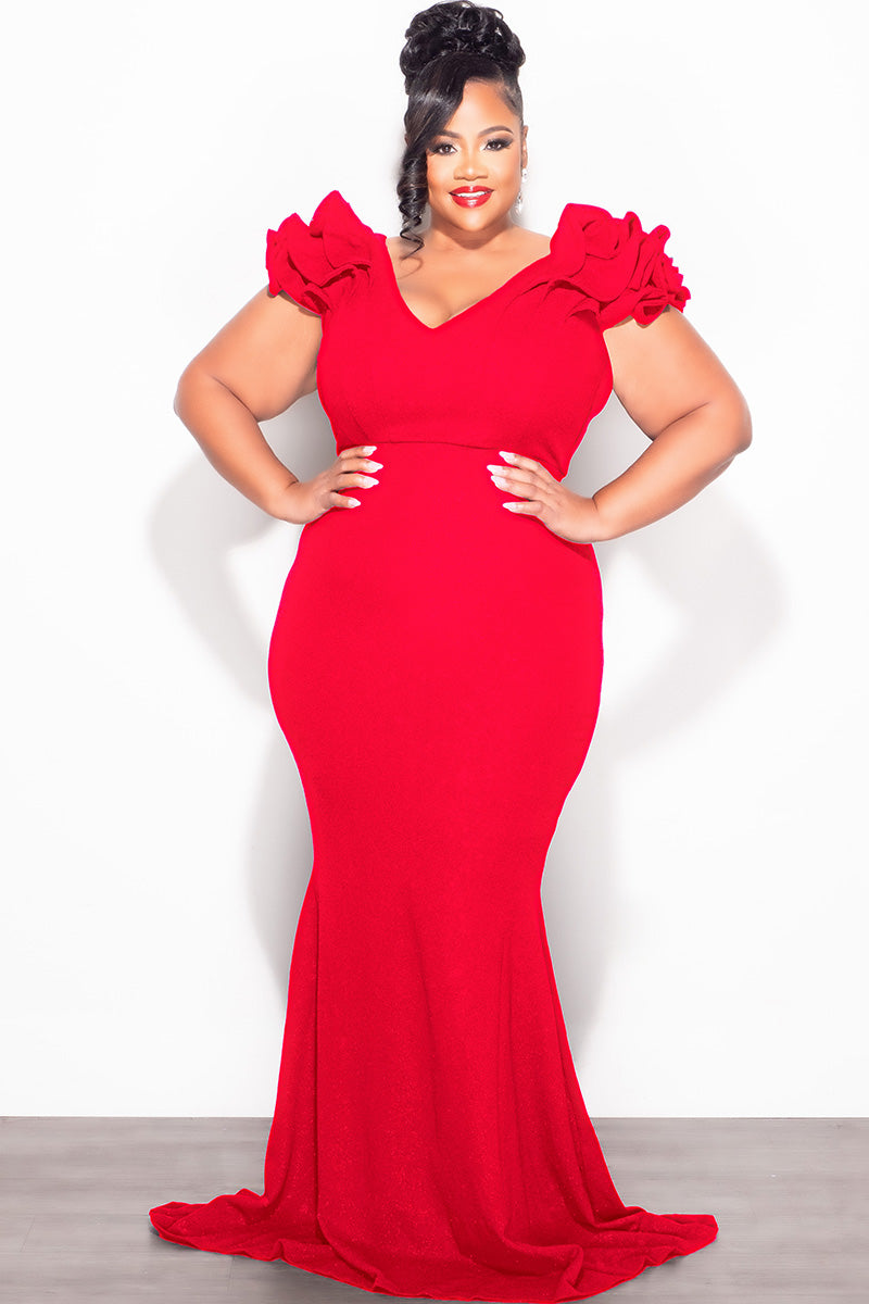 Final Sale Plus Size Gown with Layered Sleeves in Solid Red (Non-Glitter Fabric)