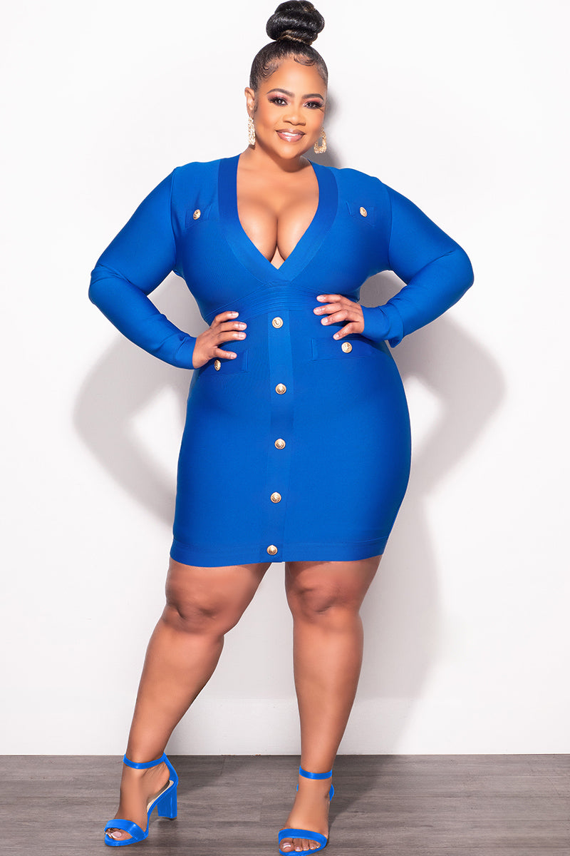 Final Sale Plus Size Deep Faux Wrap Long Sleeve Bandage BodyCon