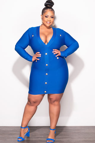 Final Sale Plus Size Deep Faux Wrap Long Sleeve Bandage BodyCon Dress with Gold Buttons in Royal Blue - 3x 18 Final Sale Plus Size Deep Faux Wrap Long Sleeve Bandage BodyCon Dress with Gold Buttons in Royal Blue - 3x 18