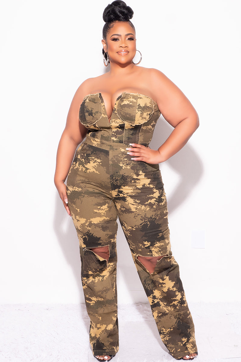 Final Sale Plus Size Strapless Deep V Jumpsuit with Ripped Knees