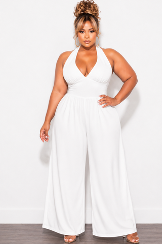 Final Sale Plus Size Halter Jumpsuit in White Poplin