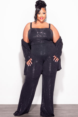Final Sale Plus Size 3pc Confetti Dot Knit Sequin Pant Set in Black (Wide Legs)