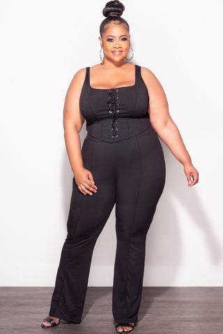 Final Sale Plus Size Ribbed 2pc Sleeveless Lace Up Tank Top & Pants Set in Black