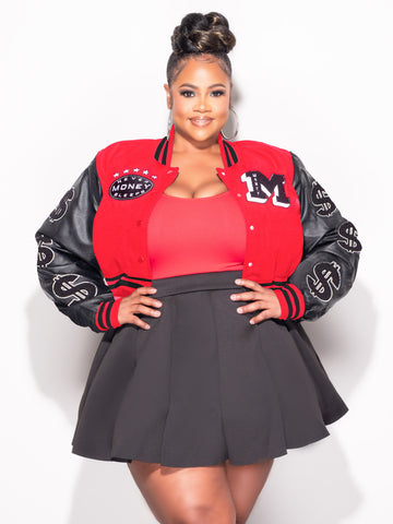 Final Sale Plus Size Cropped Varsity Jacket with Patches in Black & Red