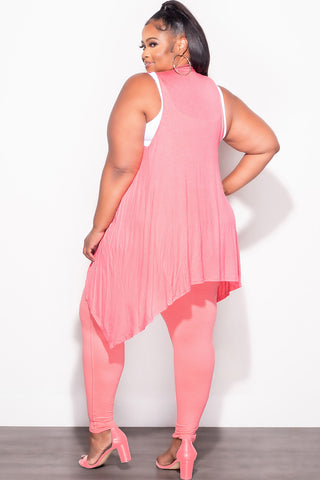 Final Sale Plus Size 2pc Lightweight Sleeveless Open Front Drape Vest Cardigan Top and legging Set in Pink