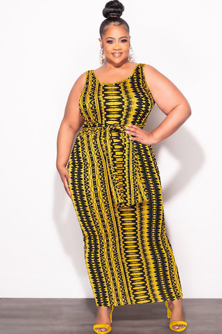 Final Sale Plus Size Sleeveless Maxi Dress with Waist Tie in Yellow and Black Design Print