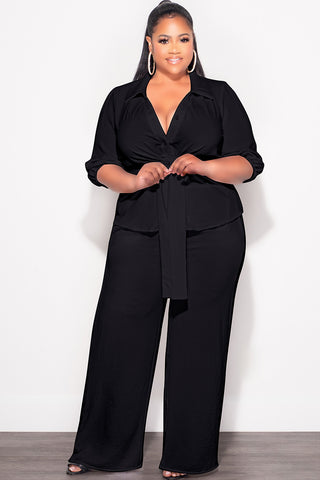 Final Sale Plus Size 2pc Button Up Collar Top and Pants Set in Black Linen