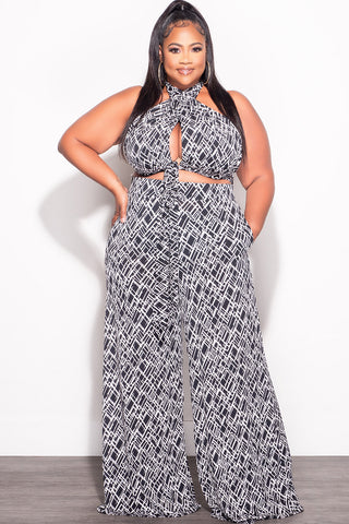 Final Sale Plus Size 2pc Halter Bra Tie Top and Pants Set in Black & White Print
