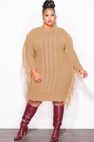 Final Sale Plus Size Fringe Sweater Dress in Tan