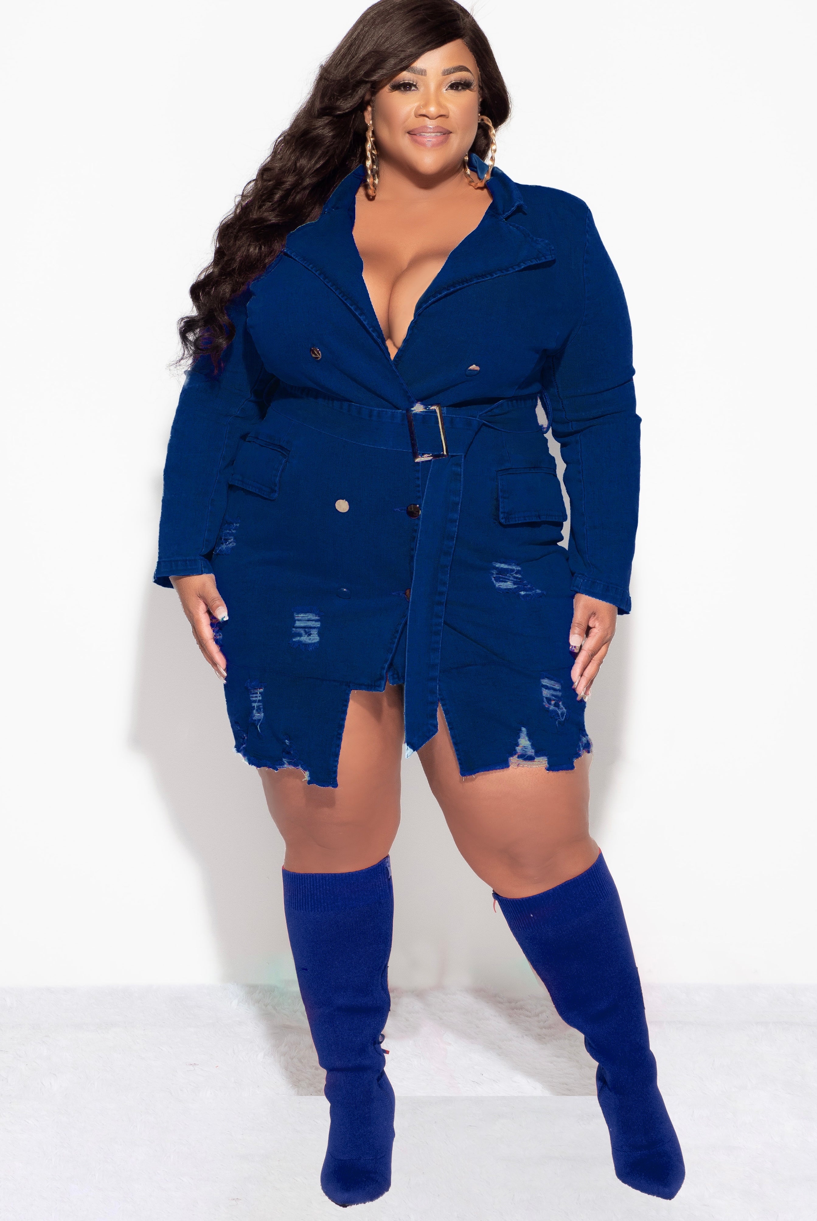 Final Sale Plus Size Collar Button Up Distress Denim Dress in Dark