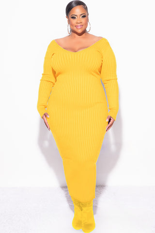 Final Sale Plus Size BodyCon Ribbed Knit Dress in Gold Yellow