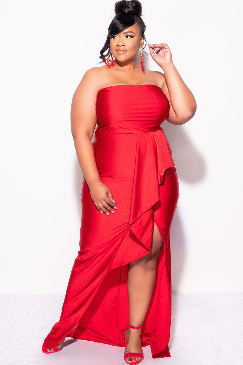 Final Sale Plus Size Strapless Ruffle Dress with Slit in Red Chic And Curvy Final Sale Plus Size Strapless Ruffle Dress with Slit in Red Chic And Curvy
