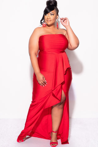 Final Sale Plus Size Strapless Ruffle Dress with Slit in Red