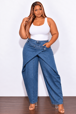 Final Sale Plus Size Crossover-Waist Barrel Leg Jeans in Denim