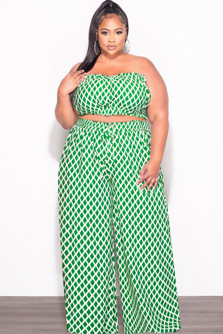 Final Sale Plus Size 2pc Strapless Crop Top and Flare Pants Set In Green & White Print
