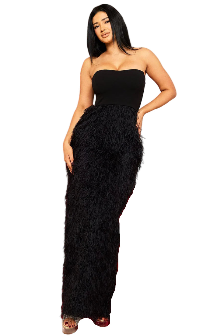 Final Sale Strapless Fur Dress in Black