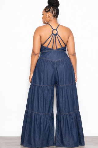 Final Sale Plus Size Spaghetti Strap V Hip Line Jumpsuit in Dark Denim Chambray