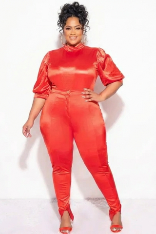 Final Sale Plus Size 2pc Satin Puffy Short Sleeve Bodysuit and Pants Set in Red