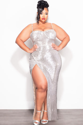 Final Sale Plus Size Sleeveless Sequin Gown with Front High Slit in Silver