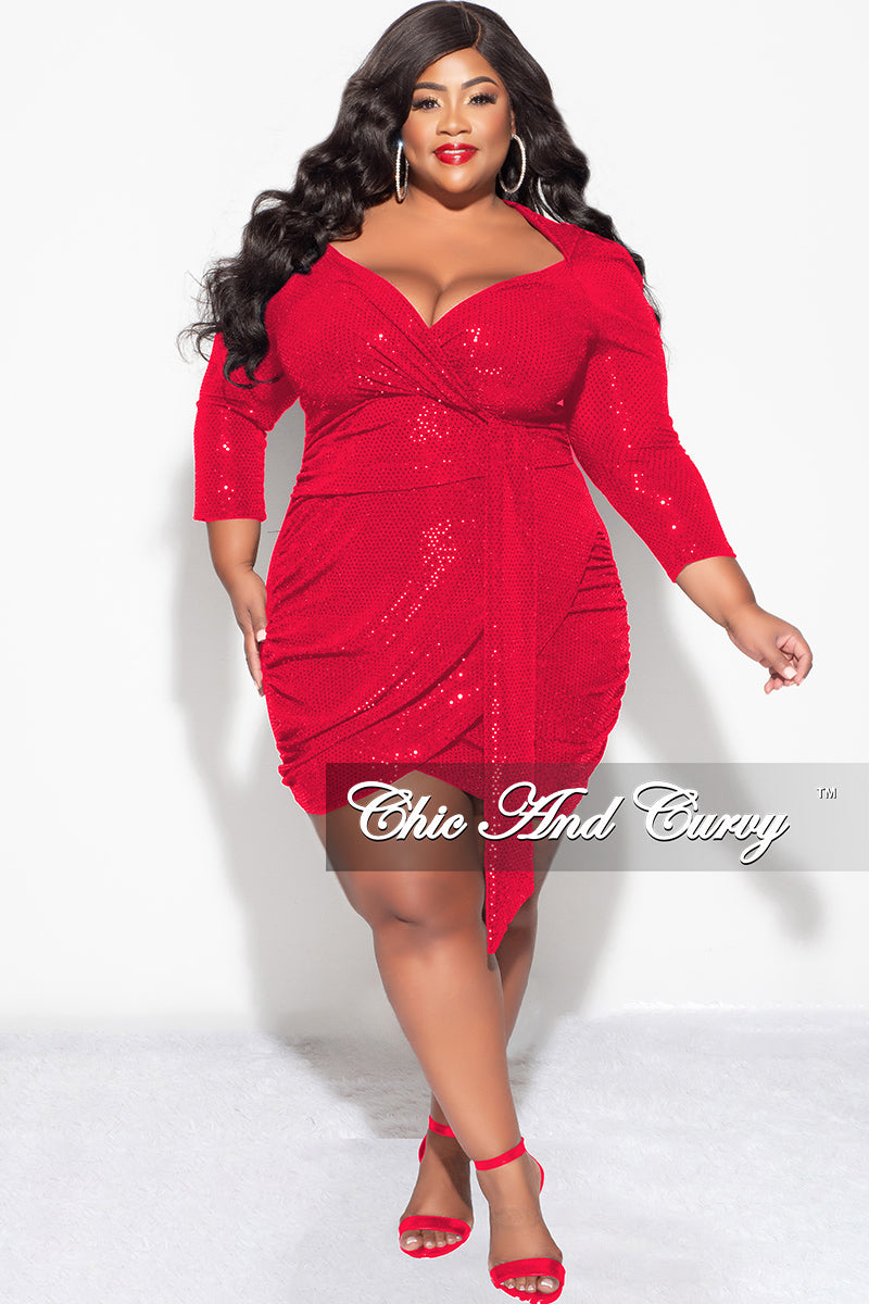Final Sale Plus Size Bodycon V-Neck Long Sleeve Confetti Dot Knit Sequin Dress in Red