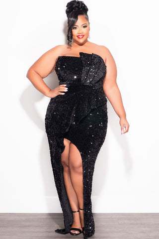 Final Sale Plus Size Strapless Pleated Ruffle Velvet & Sequin Gown with Front Slit in Black