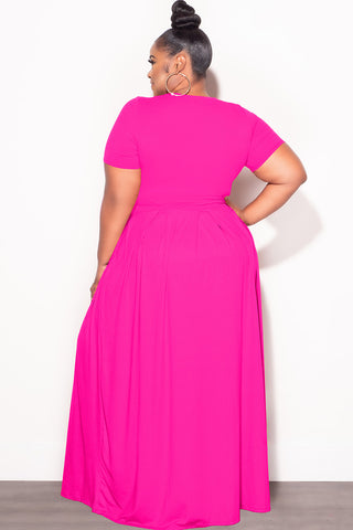Final Sale Plus Size 2pc Short Sleeve Tie Top and Skirt Set in Hot Pink