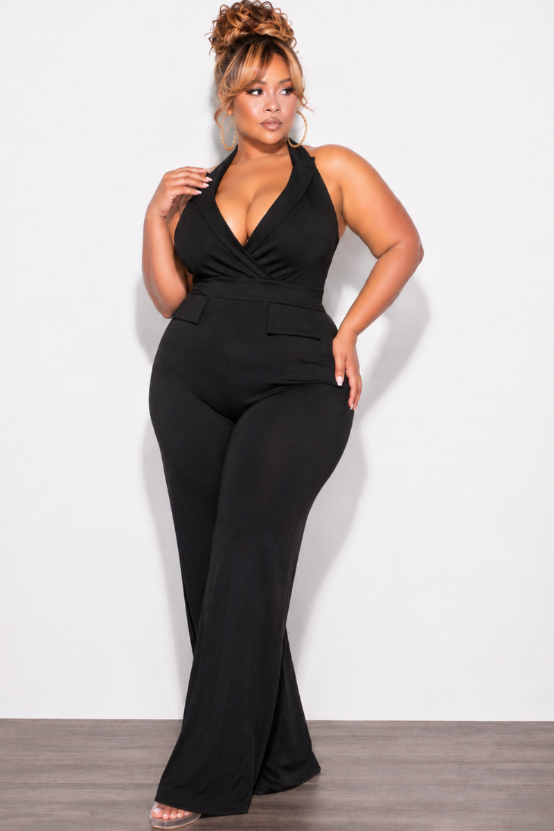 Final Sale Plus Size Faux Wrap Halter Jumpsuit in Black