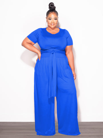 Final Sale Plus Size 2pc Short Sleeve Tie Top and Pants Set in Royal Blue