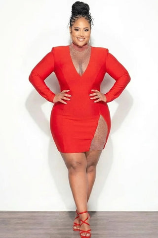Final Sale Plus Size Bandage Mini Dress in Red with Iridescent Stones