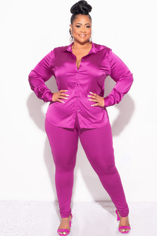 Final Sale Plus Size 2pc Button Up Collar Satin Top and Pants Set in Berry
