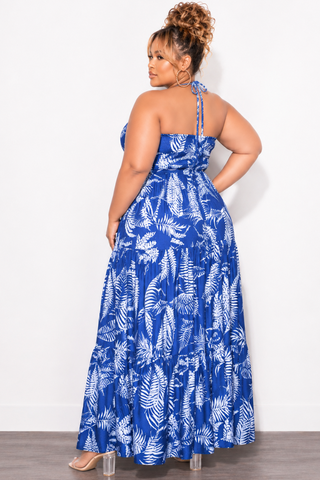 Final Sale Plus Size Halter Tiered Dress in Royal Blue and White Leaf Print