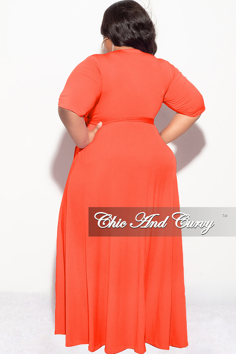 Final Sale Plus Size Deep V Faux Wrap Dress with 3/4 Sleeves in Orange