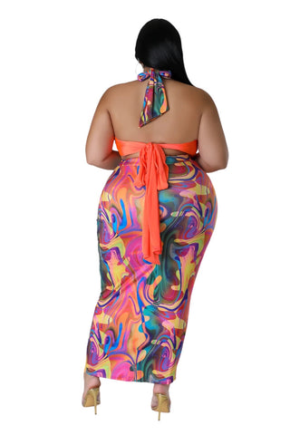 Final Sale Plus Size 2pc Set in Orange Multi-Color Skirt & Top