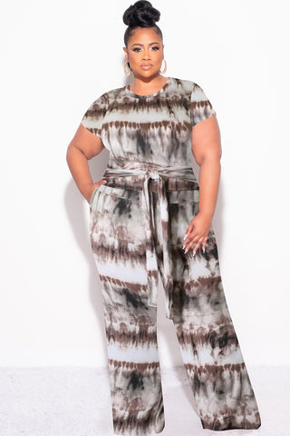 Final Sale Plus Size 2pc Crop Tie Top and Pants Set in Brown & Cream Tie Dye Print