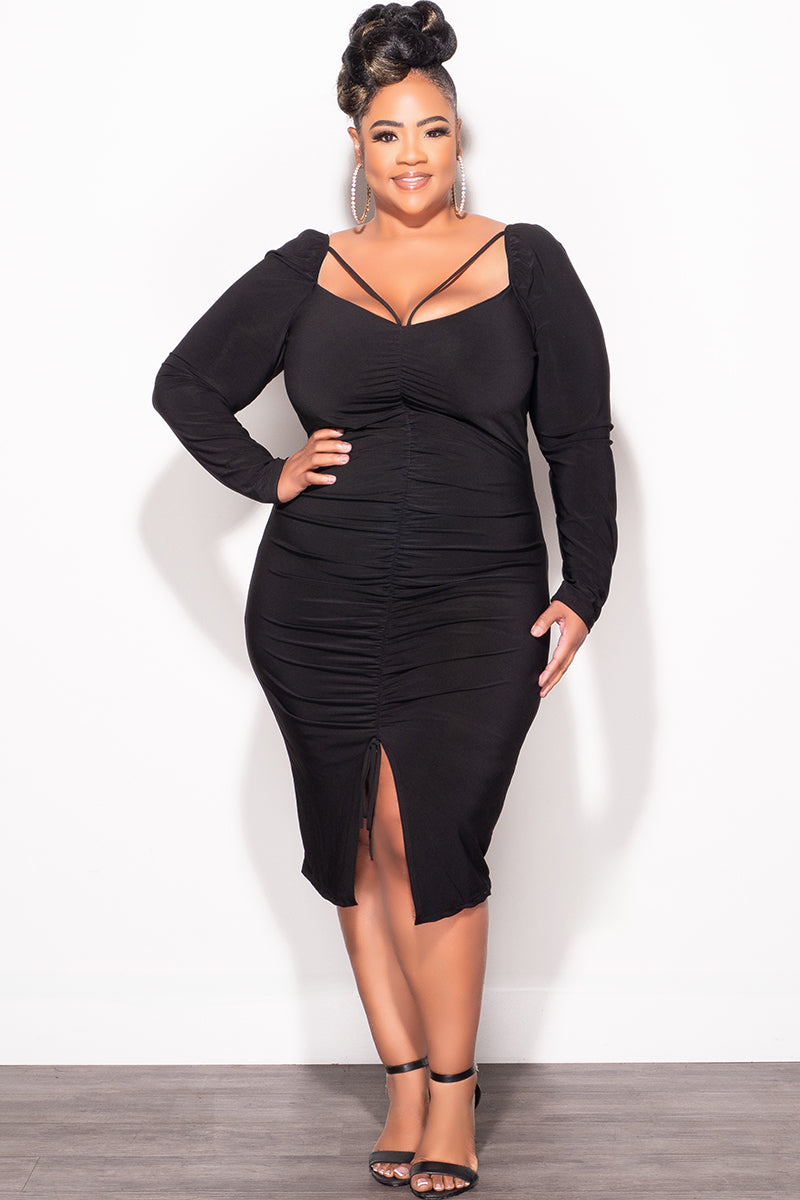 Final Sale Plus Size Long Sleeve Cutout Ruched BodyCon Dress with Front Slit in Black