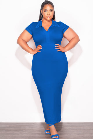 Final Sale Plus Size Collar V Neck Midi Dress in Royal Blue