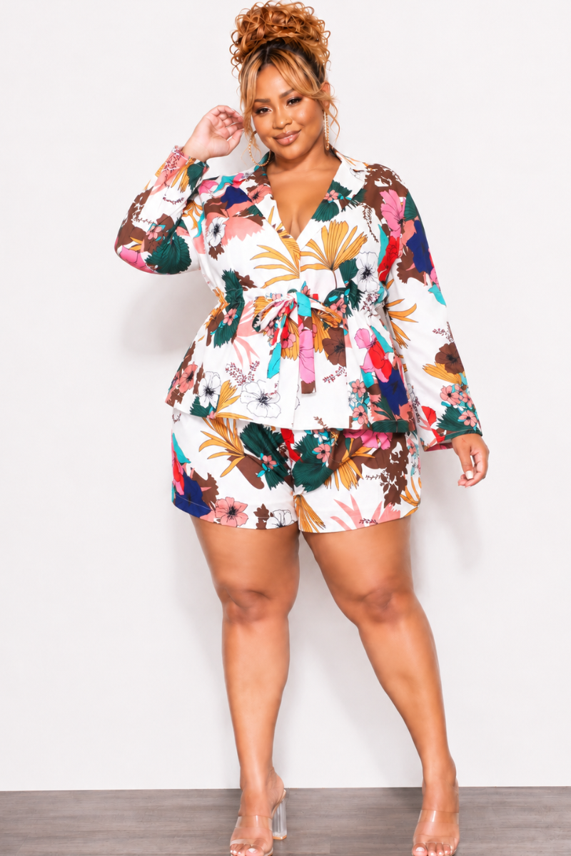 Final Sale Plus Size 2pc Drawstring Blazer and High Waist Shorts in White Multi Color Tropical Print