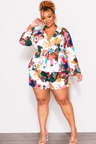 Final Sale Plus Size 2pc Drawstring Blazer and High Waist Shorts in White Multi Color Tropical Print
