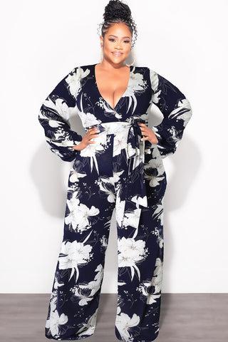 Final Sale Plus Size Faux Wrap Jumpsuit with Waist Tie in Navy and White Floral Print