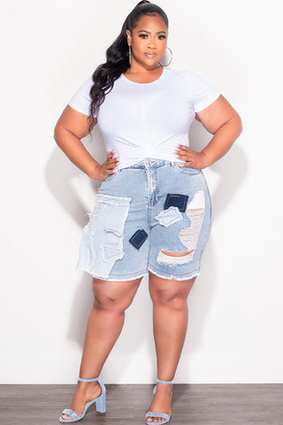 Final Sale Plus Size Patchwork Shorts in Light Denim