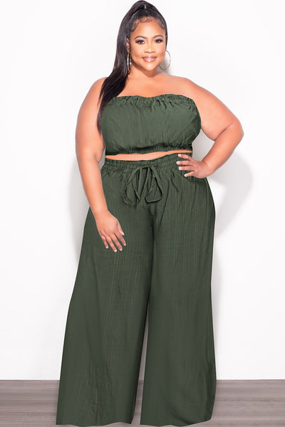 Final Sale Plus Size 2pc Strapless Crop Top and Flare Pants Set In