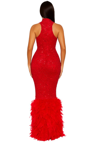 Final Sale Sleeveless Feather Sequin Gown in Red