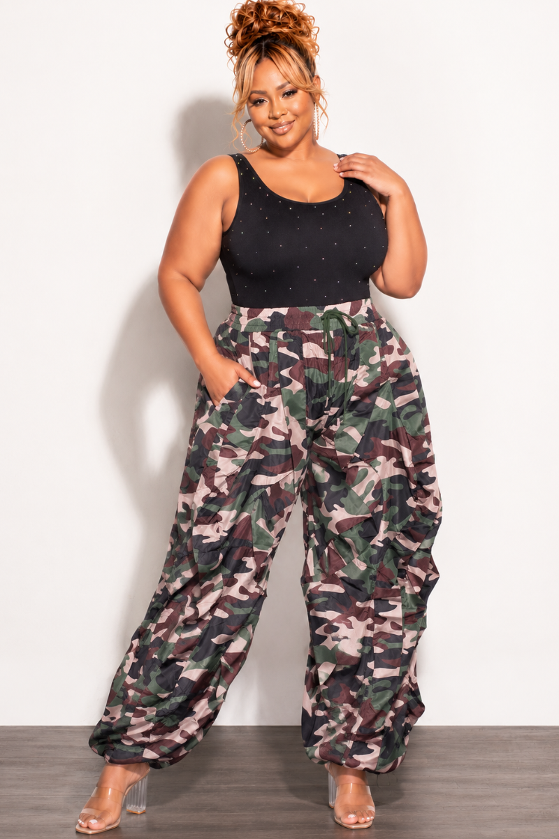 Final Sale Plus Size Wide Leg Drawstring Oversized Windbreaker Wavy Pants in Dark Camouflage Print