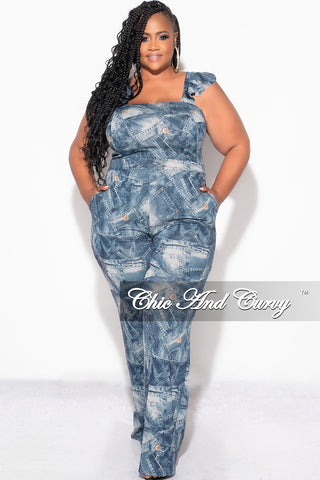 Final Sale Plus Size Zip Tie Jumpsuit in Faux Denim Print