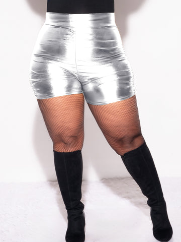 Final Sale Plus Size Faux Leather Shorts with Ruched Sides in Silver