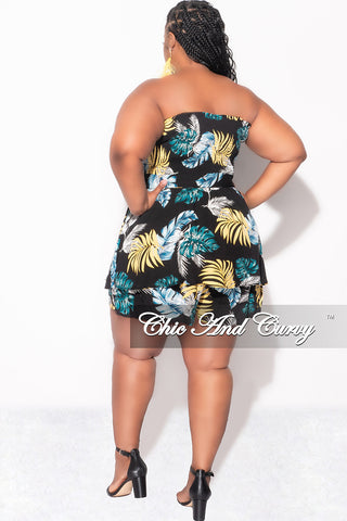 Final Sale Plus Size Strapless Romper in Black Leaf Print