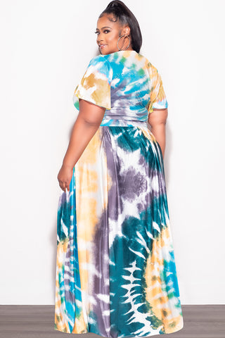 Final Sale Plus Size 2pc (Faux Wrap Crop Tie Top & Skirt) Set in Teal / Mustard Tie Dye Print